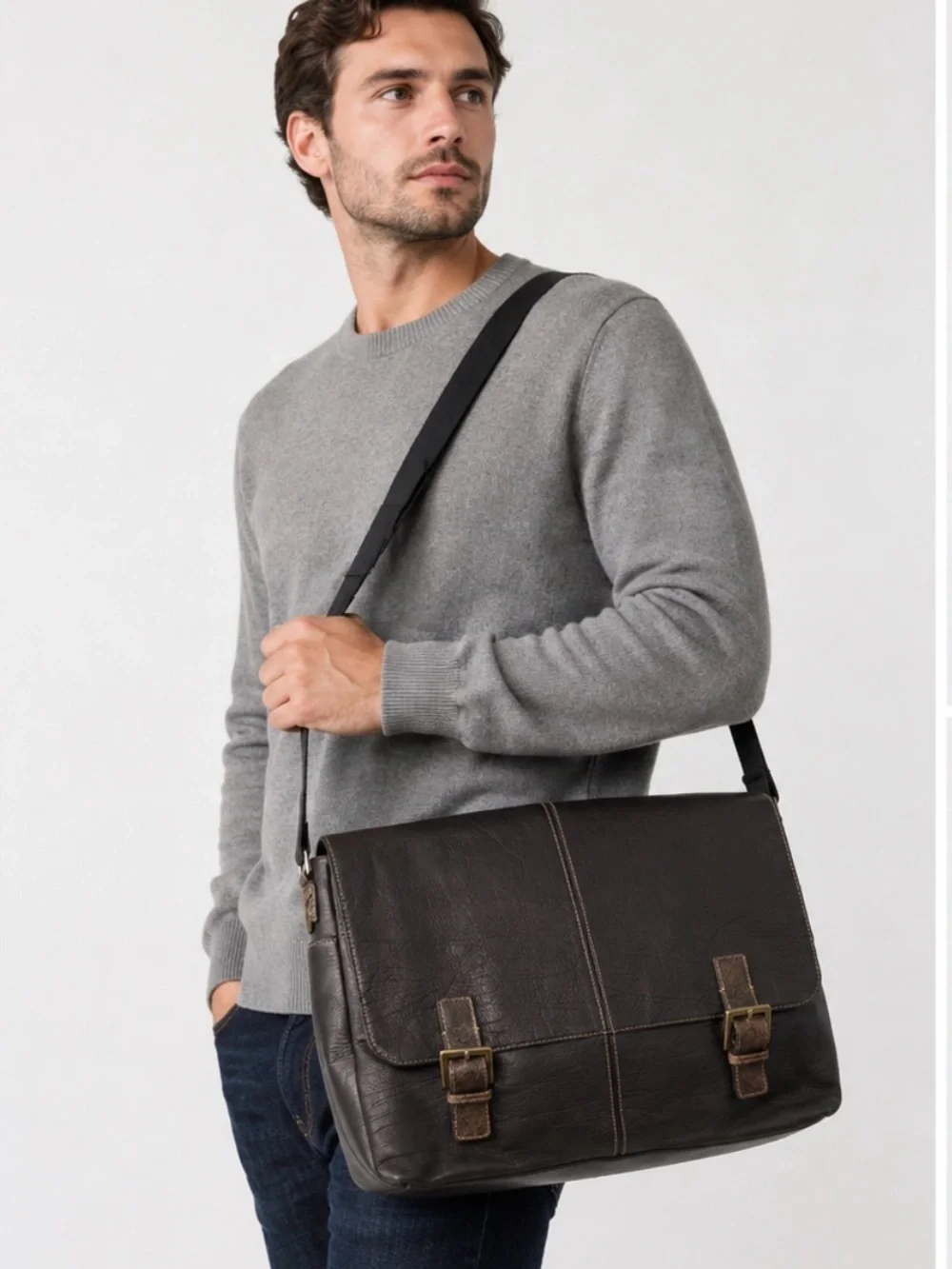 BOCONI - Men’s brown Genuine leather travel messenger Crossbody shoulder bag